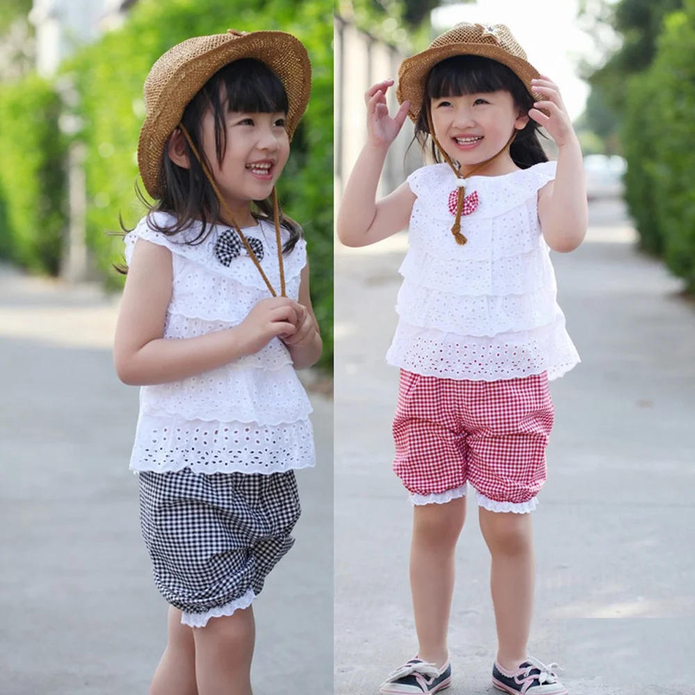 Summer children's clothing set for girls plaid printed pants layered lace princess sleeveless shirt two pieces