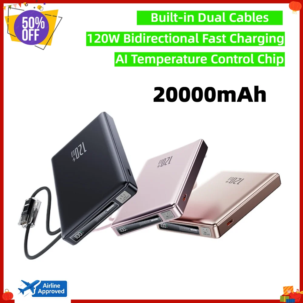 20000mAh Power Bank 120W Super Fast Charging,Built-in Dual Cables,Metallic Finish,Slim Compact For iPhone,Samsung Huawei Vivo