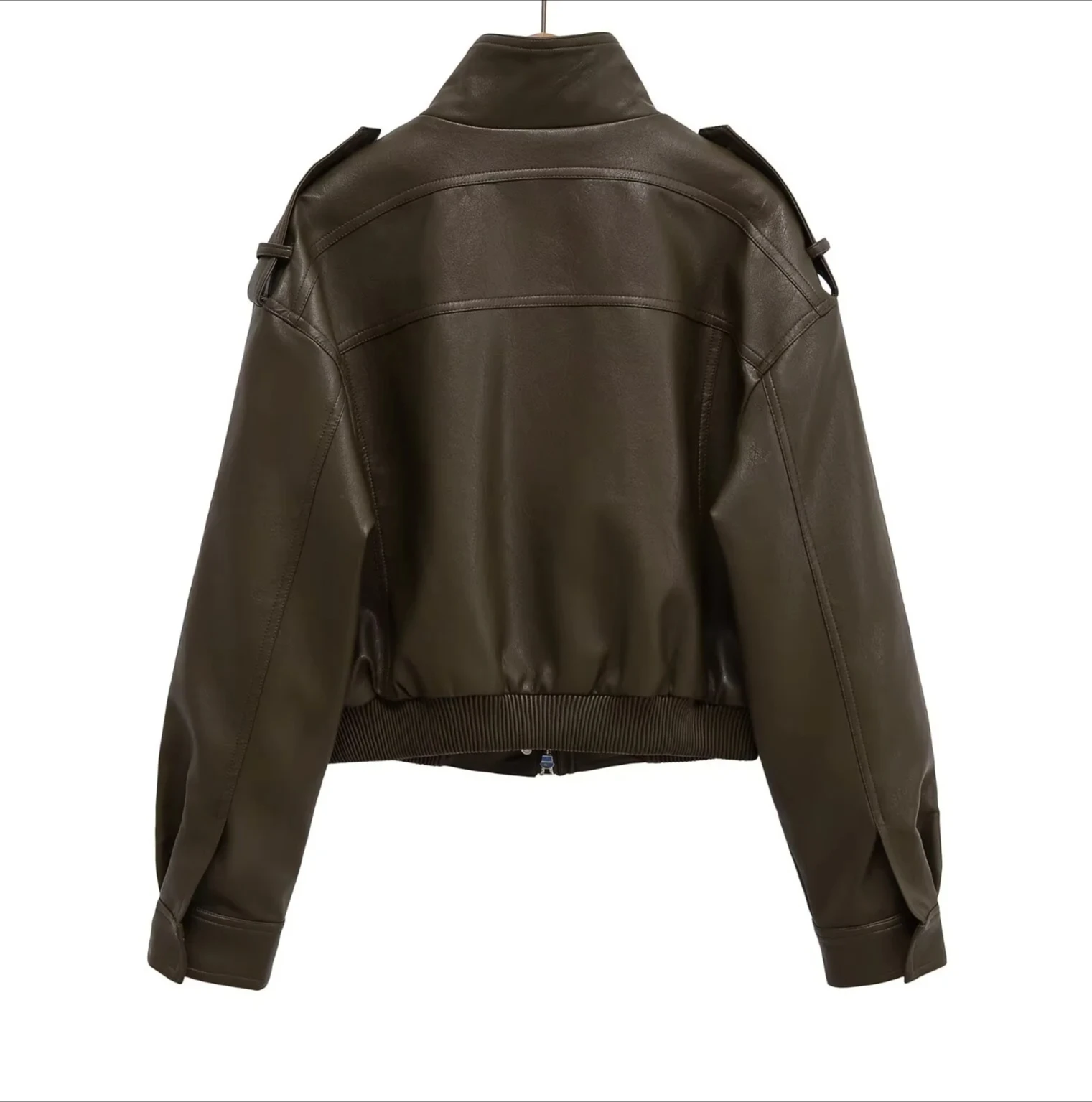 سترة نسائية جديدة بجيب كبير وسحاب وياقة واقفة من الجلد المقلد فضفاضة بأكمام طويلة