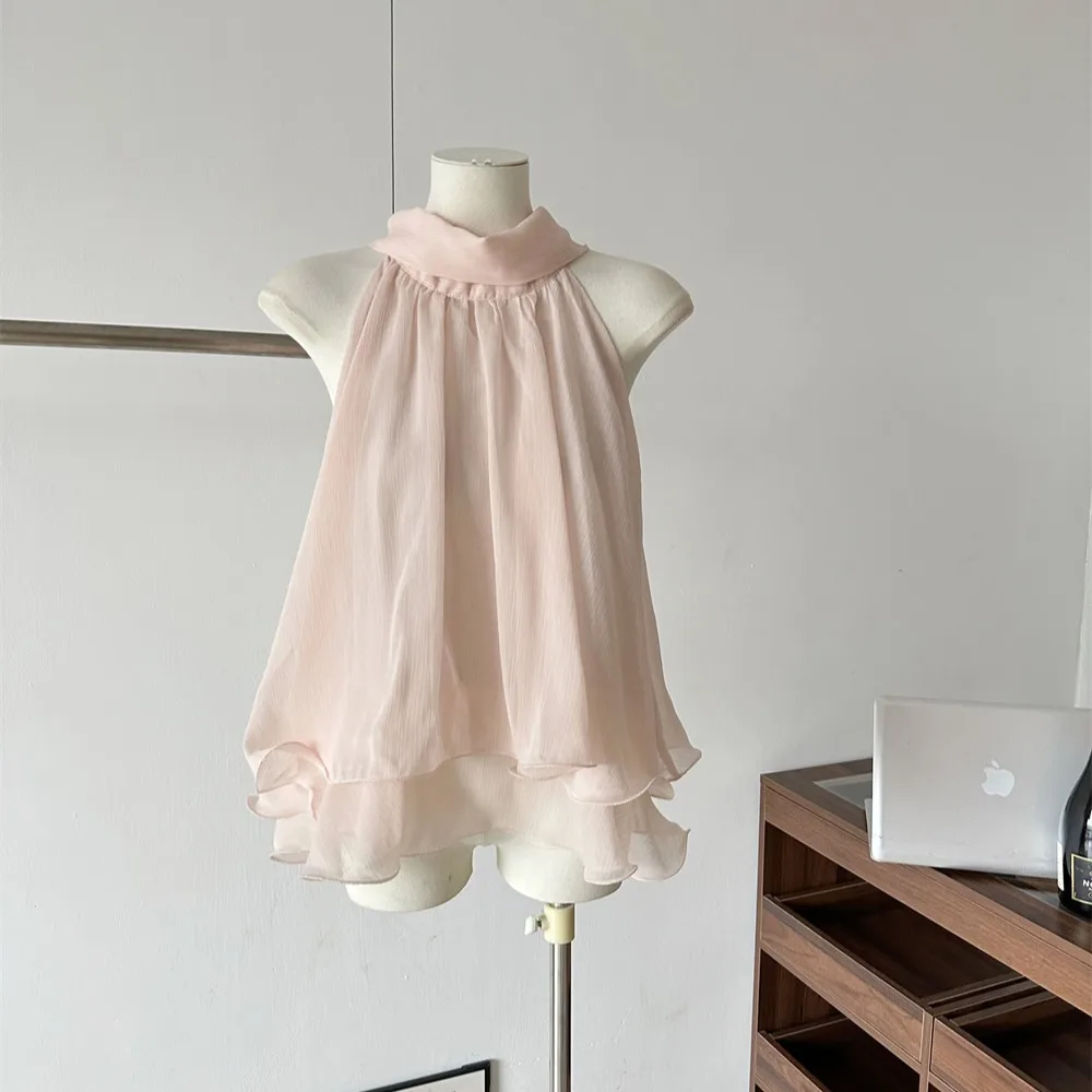 Sweet Pink Blouse Neck Hanging Sash Sleeveless Women's Summer Atmosphere Sense Slimming Polyester Fiber Outerwear