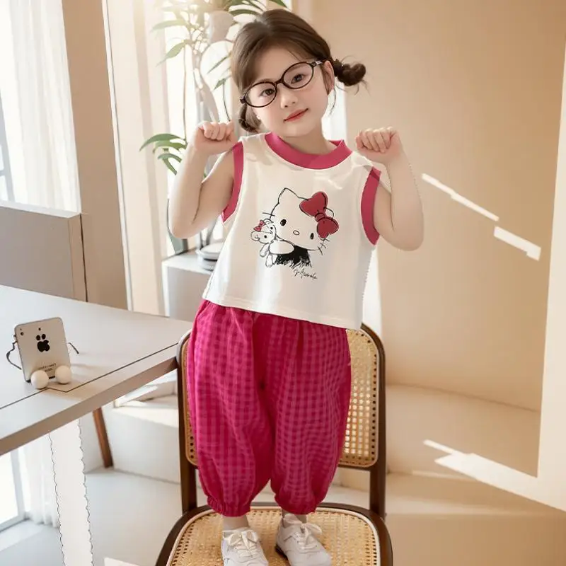 

Sanrio детский костюм с короткими рукавами Hello Kitty Kawaii аниме модная летняя футболка с круглым вырезом брюки комплект из 2 предметов одежда для девочек