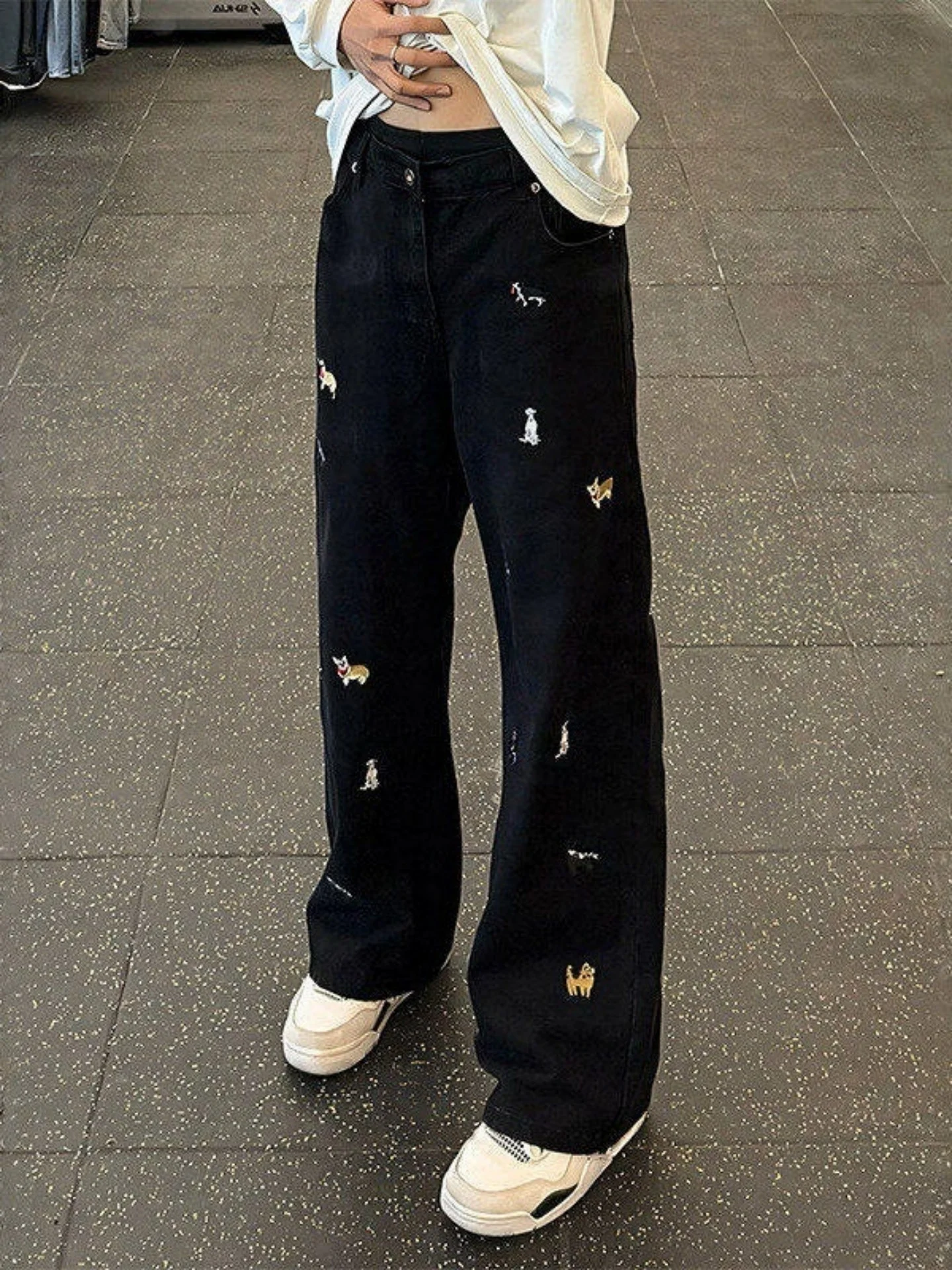 

Cartoon Dog Embroidered Straight Leg Jeans Men's Faion Brand American High Street Vibe Wear Resistant hine Waable