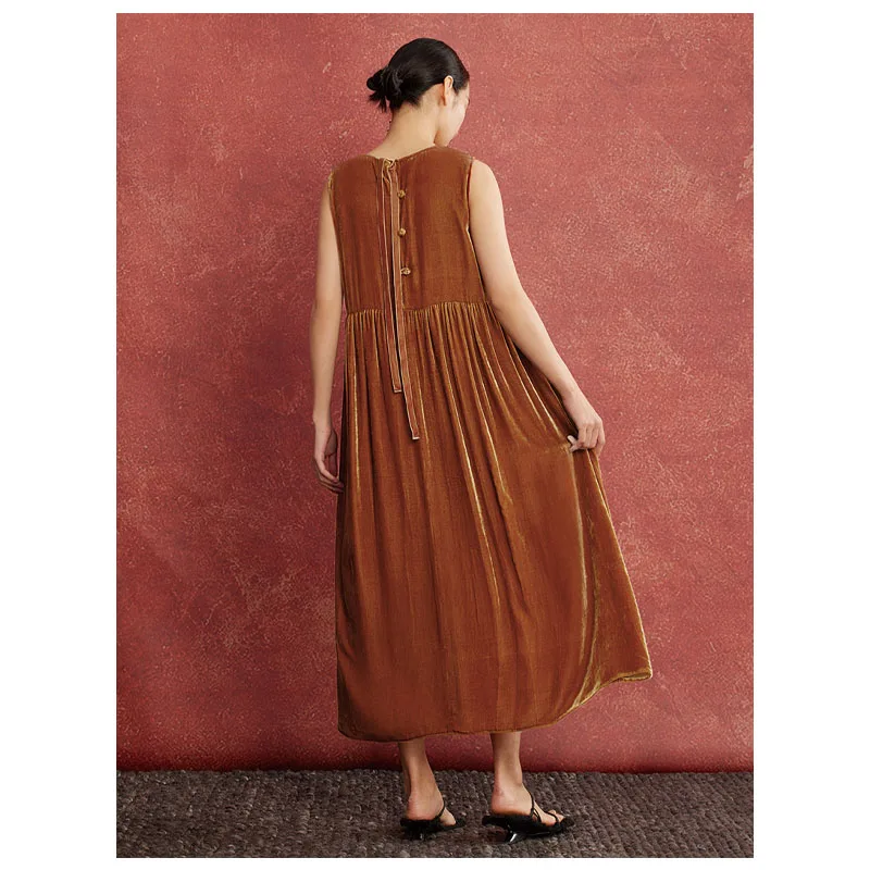 Fengbaoyu Robe femme en velours de soie naturelle - Robe longue rétro sans manches - Vêtements amples et confortables de grande taille