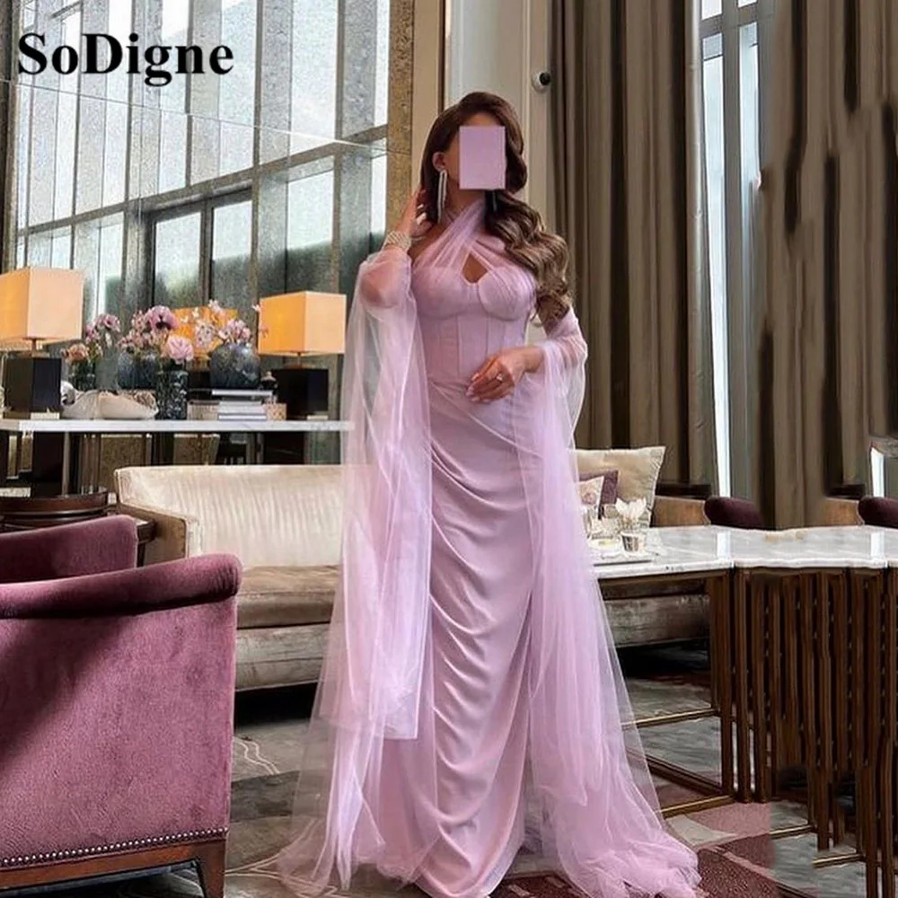 SoDigne Halter Arabia Mermaid Formal Prom Dresses With Cape Long Purple Evening Dress Dubai Bride Formal Party Gowns