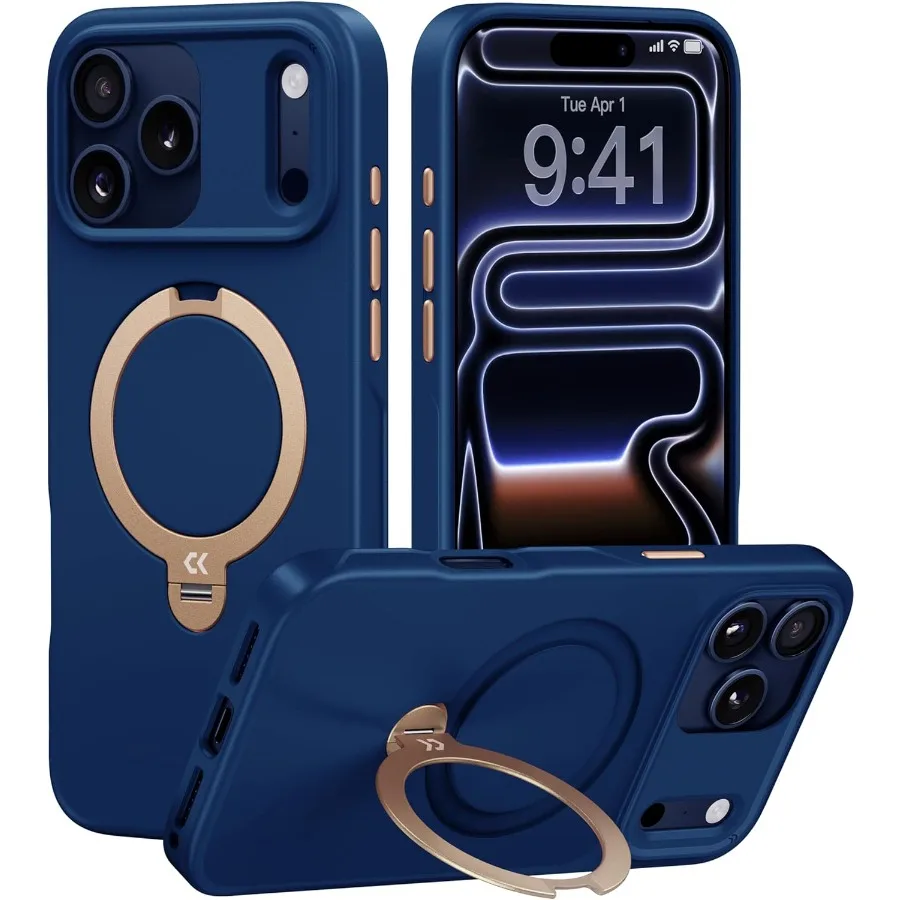 

Marine Blue Designed iPhone 17 Pro Max Case with Spin Magnetic Stand for Enhanced Protection Non-Slip Edge Military-Grade