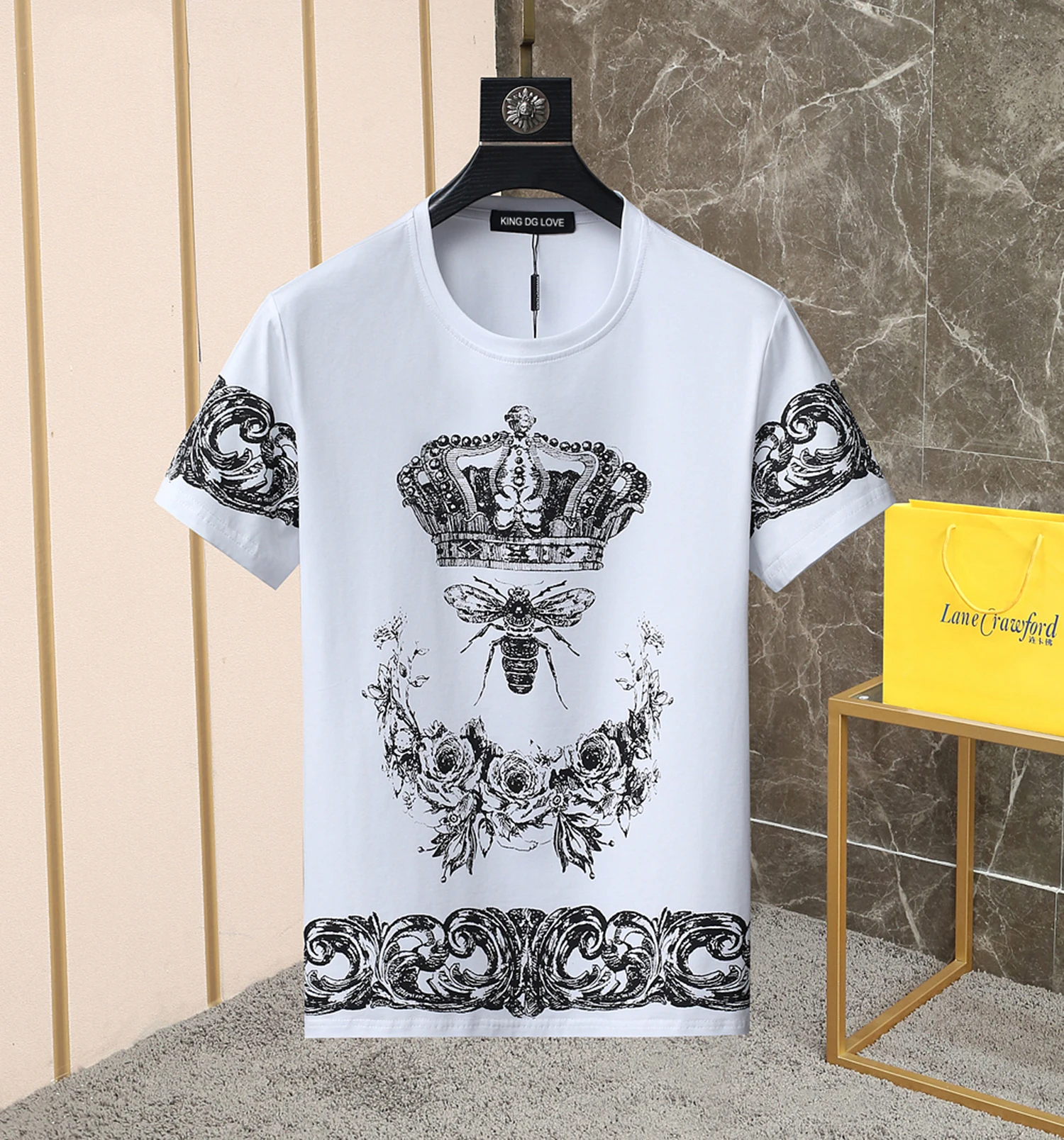 2024 New Summer T Shirts Crown and Bee Flowers Print T-shirt Men Fashion Casual 100% Cotton Plus Size Tops High Quality 8509