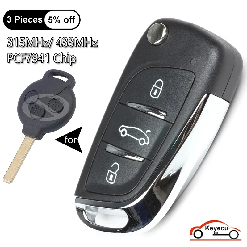 

KEYECU Upgraded Flip Remote Car Key Fob 3 Button 315/433MHz PCF7941 for Benz Smart Fortwo 451 2007 2008 2009 2010 2011 2012 2013