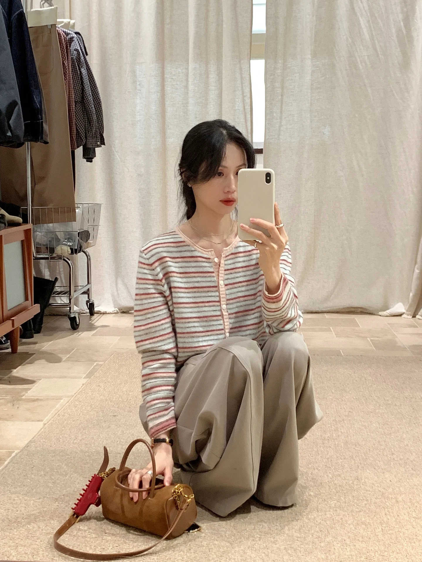 

Korean Sle Women's Knitted Woolen Cardigan Long Sve round Ne Casual Striped Top Autumn New Arrival Spring Faion