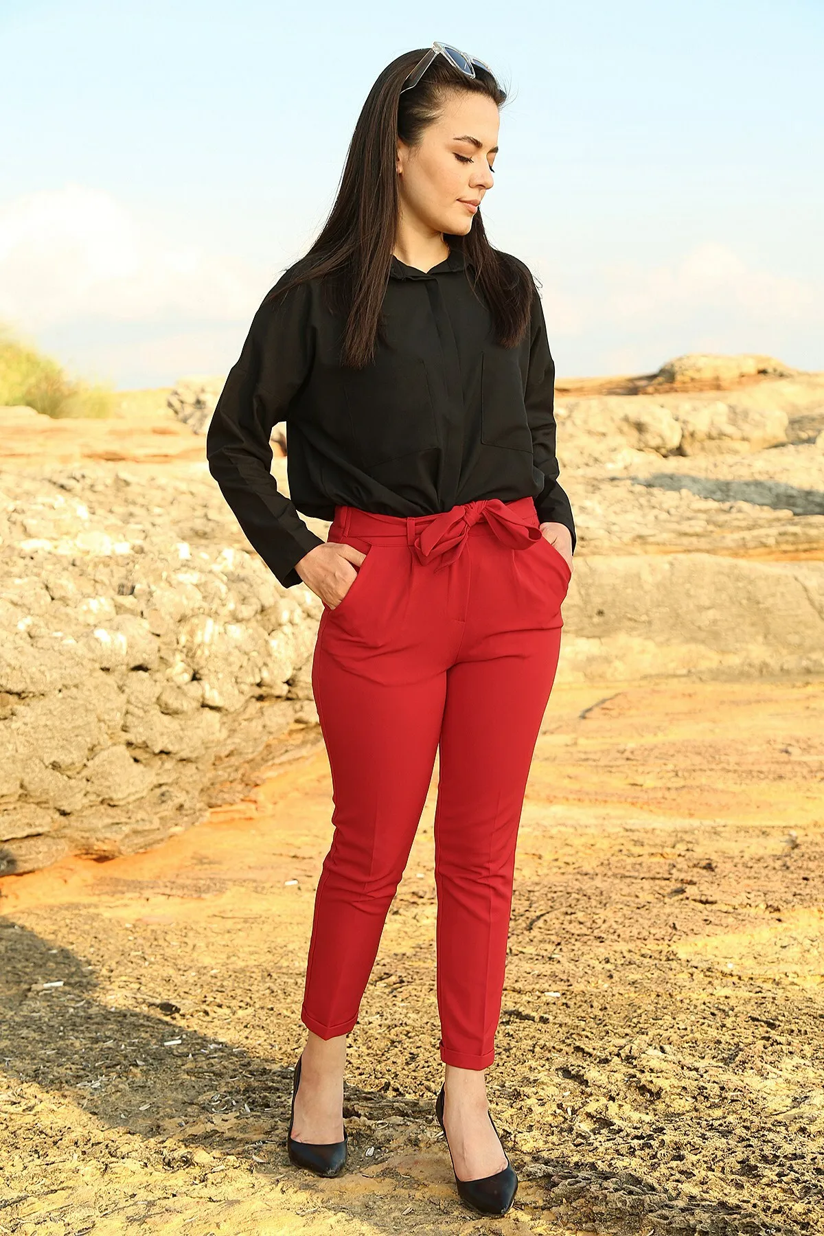 Self Belted Carrot Bell-Bottomed Pants-Red