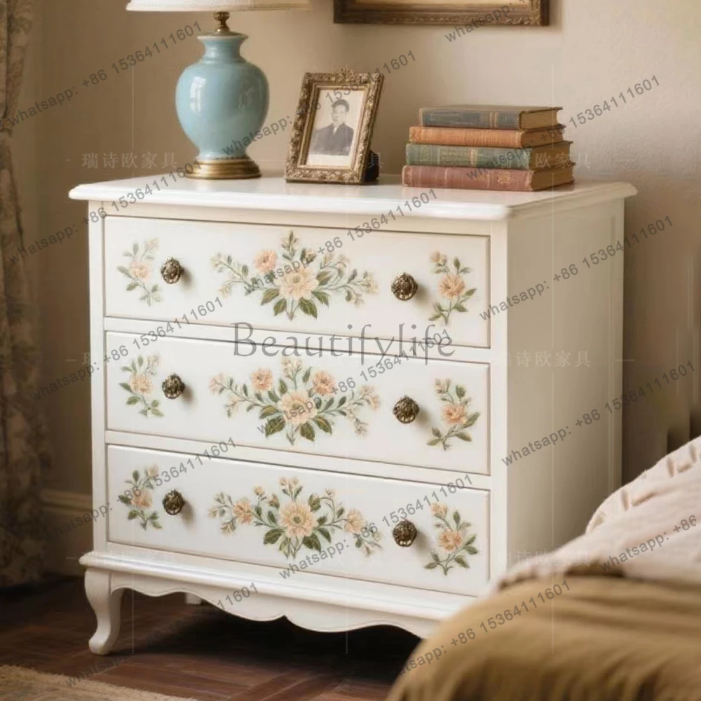 Factory Direct Living Room Solid Wood European Side Cabinet American Wall Sofa Three-draw Champagne Painted Foyer Cabinet