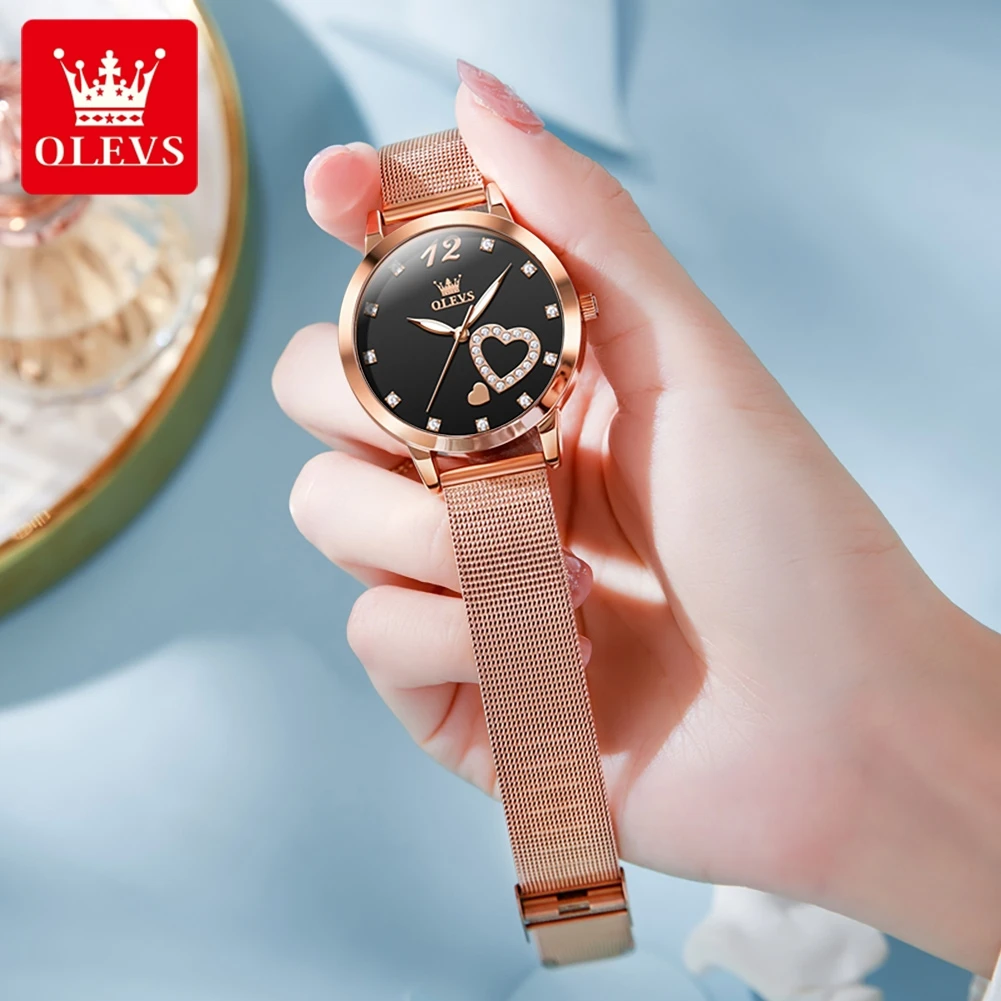 OLEVS 5189, простые кварцевые часы для женщин, дизайн с бриллиантами и сердечками, модные элегантные водонепроницаемые женские часы со стальным ремешком из розового золота