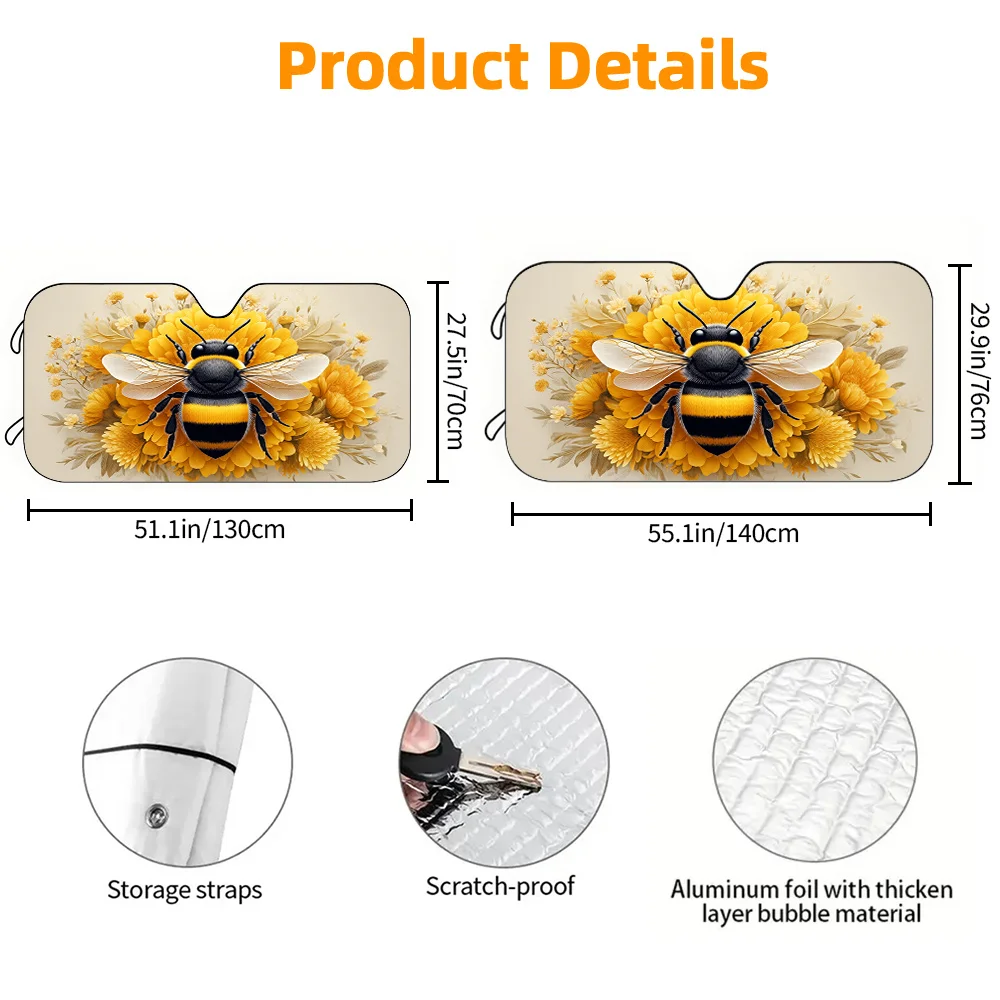 1pc Car Sunshade, Golden Flower Cluster Bee Car Sun Visor, Front Windshield Sunshade With High-Definition Print, Blocks Sunlight