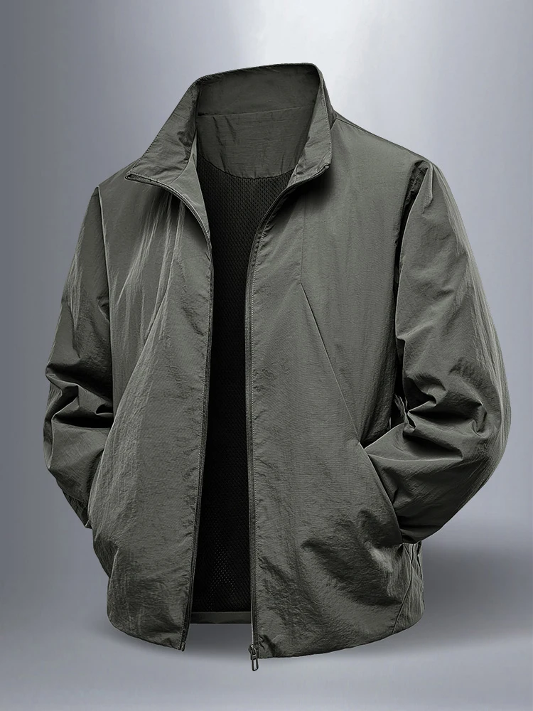 

Spring Autumn Men's Jaet Outerwear Loose Casual Thin Stand Collar Waterproof Zipper Closure Long Sve Regular Length