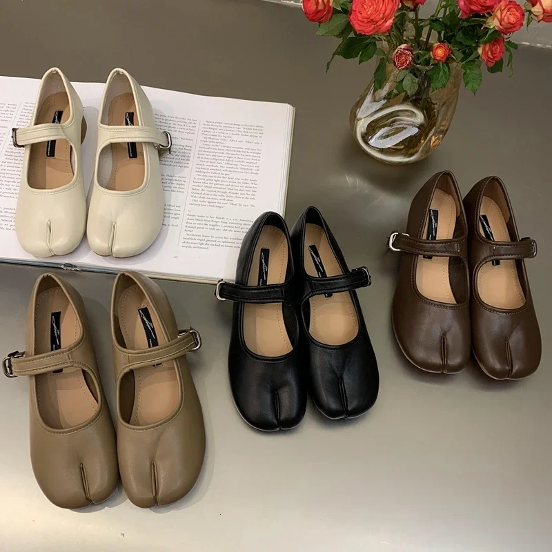 2024 Spring Tabi Ninja Moccasins Round Split Toe Shallow Women Single Shoes Buckle strap Female Casual Soft Mary Janes Shoes