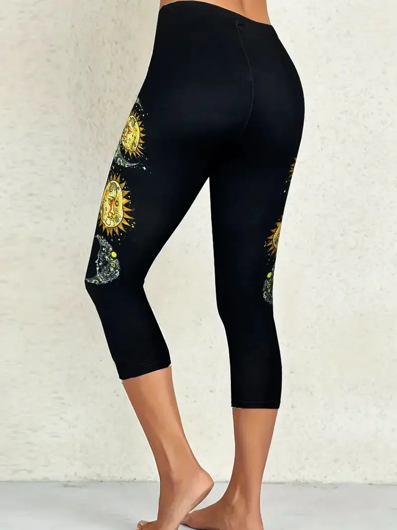 Moon  print stretch slim elastic waist tight casual leggings capri pants women