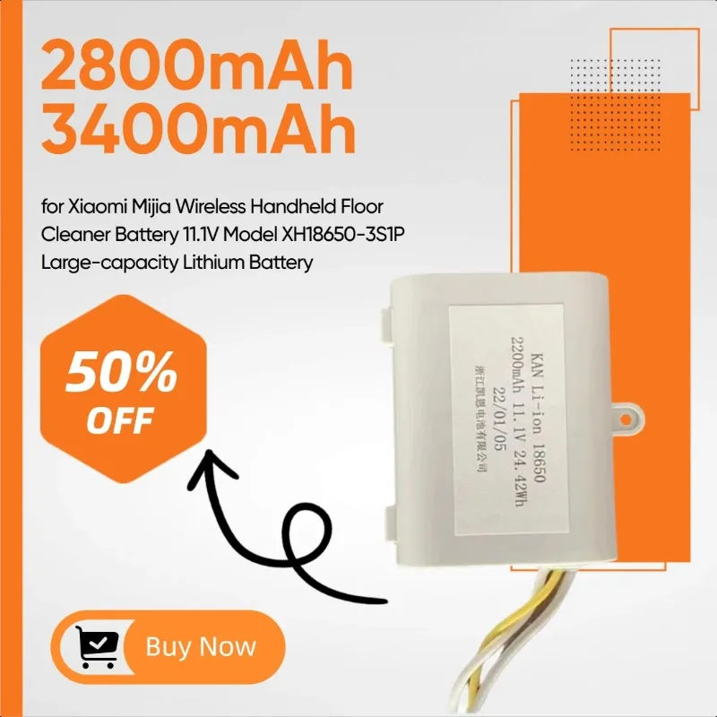 

2800mAh/3400mAh for Xiaomi Mijia Wireless Handheld Floor Cleaner Battery 11.1V Model XH18650-3S1P Large-capacity Lithium Battery