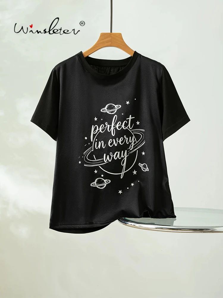 Winsleter-Silk Cotton Elegant T-Shirt, Short Sleeve Letter Print, Women Fashion Comfortable Thin Loose Top, 2026 Summer T66866CC