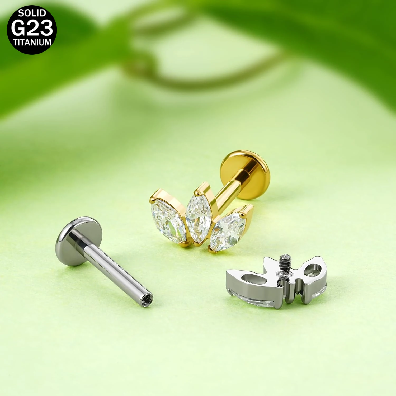 ASTM F136 Titanium Lotus Cartilage Piercing 16G 18G Triple Marquise CZ Stud Earing Flat Back Helix Tragus Labret