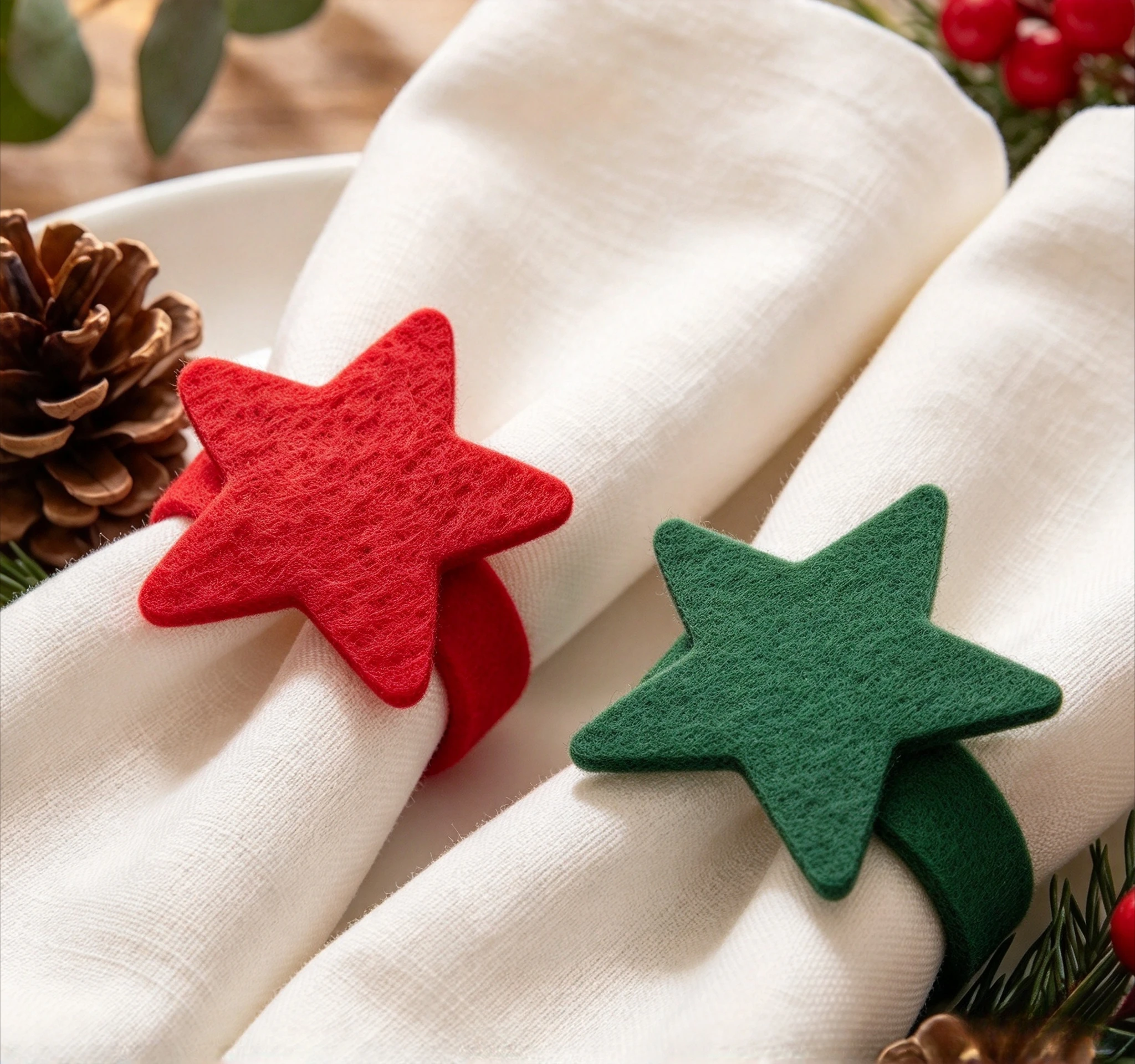3-24pcs Felt Christmas Five-Pointed Star Napkin Ring Reusable Solid Color Pointed Star Napkin Holder Decorative Napkin Buckle