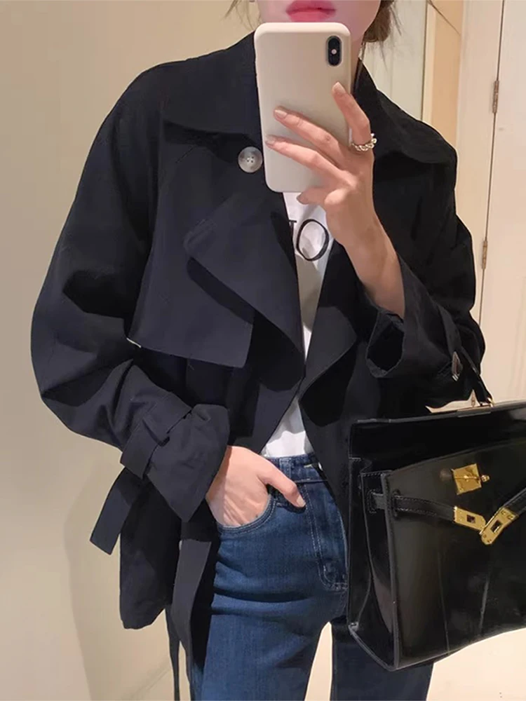 

Женское ветровка Chic ort Sle с поясом с застежкой на талии и двухрядными пуговицами, воротником в стиле ретро Briti Sle