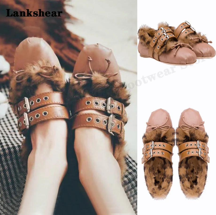 

Leopard Print Ballet Fur Shoes Women 2022 Autumn and Winter Flat Warm Shoes Plus Velvet Rabbit Fur Peas Shoes Inner Heightening