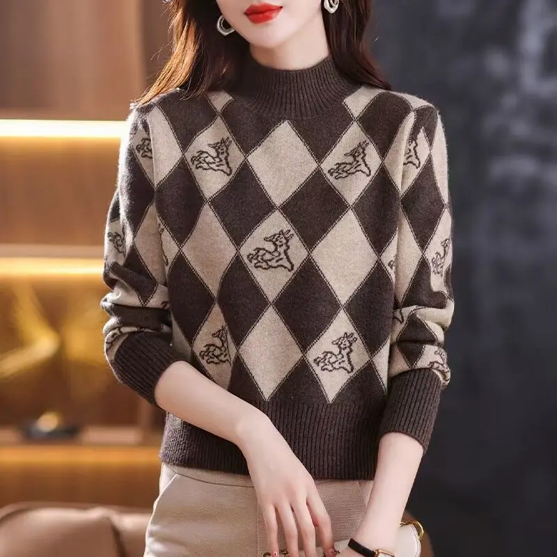 Vintage Women Half High Neck Plaid Sweater Autumn Winter Simple Jacquard Long Sleeve Korean Fashion Casual Knit Pullovers Tops