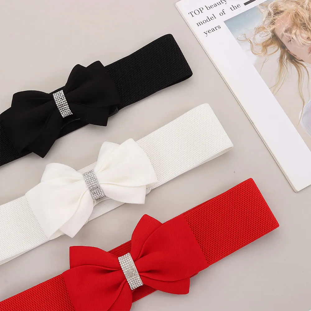 Adjustable Buckle Women's Elastic Wide Belt Plus Size Solid Color Elastic Bow Belt Rhinestone Stretch Belt