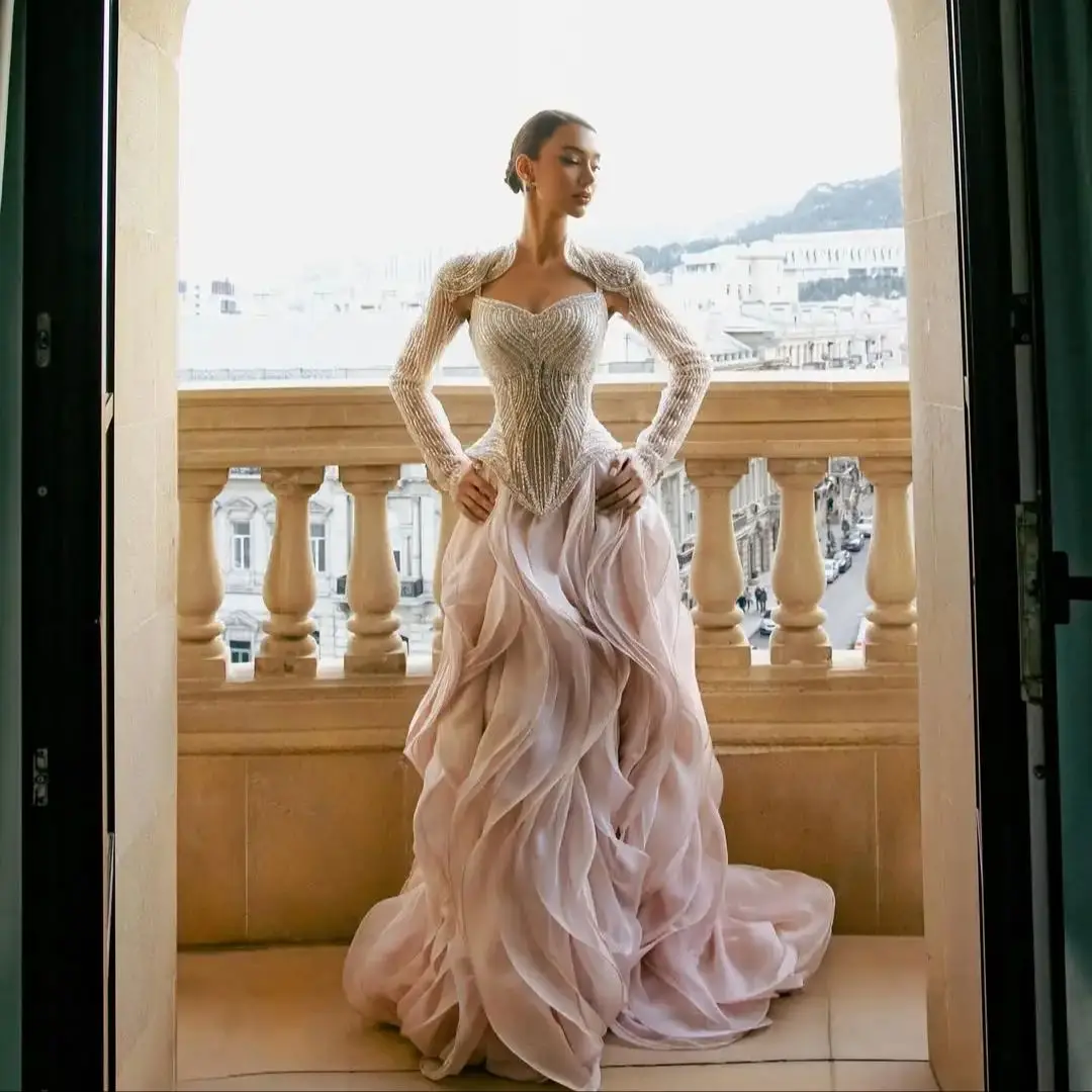 

Ofherown Pink Long Sleeve Evening Dress Women Luxury Beaded Bodice Wave Pleated Skirt Floor Length Prom Gown for Birthday Party