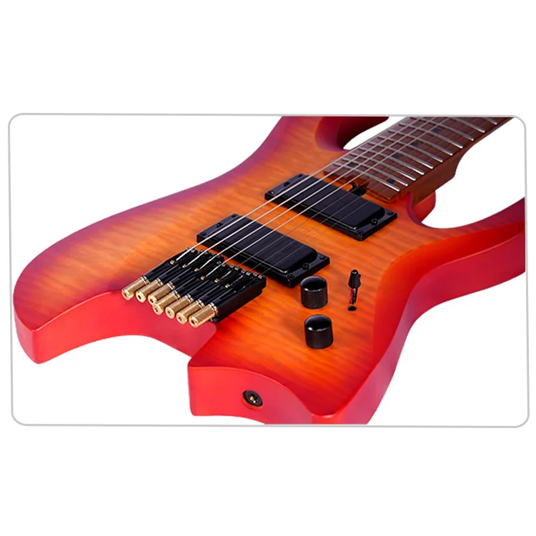Горячая распродажа 2025 года, 7-струнная безголовая электрогитара - бесшумный дизайн для путешествий с грилевой кленовой накладкой, панель с тигровым узором TOP