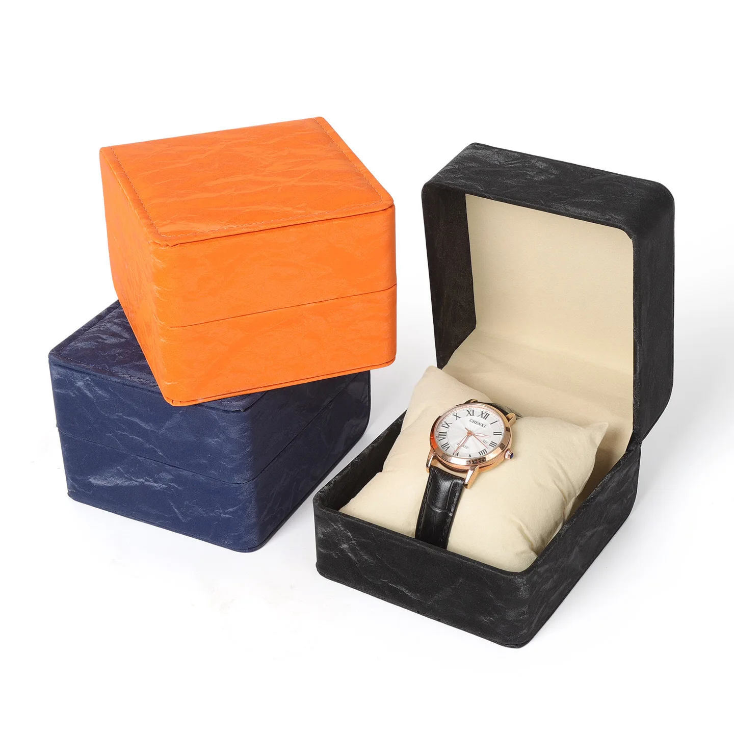Round Corner PU Watch Box Single Wristwatch Gift Packaging Box  Portable Luxury Watch Storage Case With Pillow for Watch Display view 5