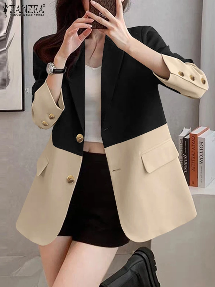 ZANZEA Office Wear Contrast Kleur Blazer Losse Casual Revers Hals Herfst 2024 Lange Mouw Blazer Vrouwen Koreaanse Stijl Colberts