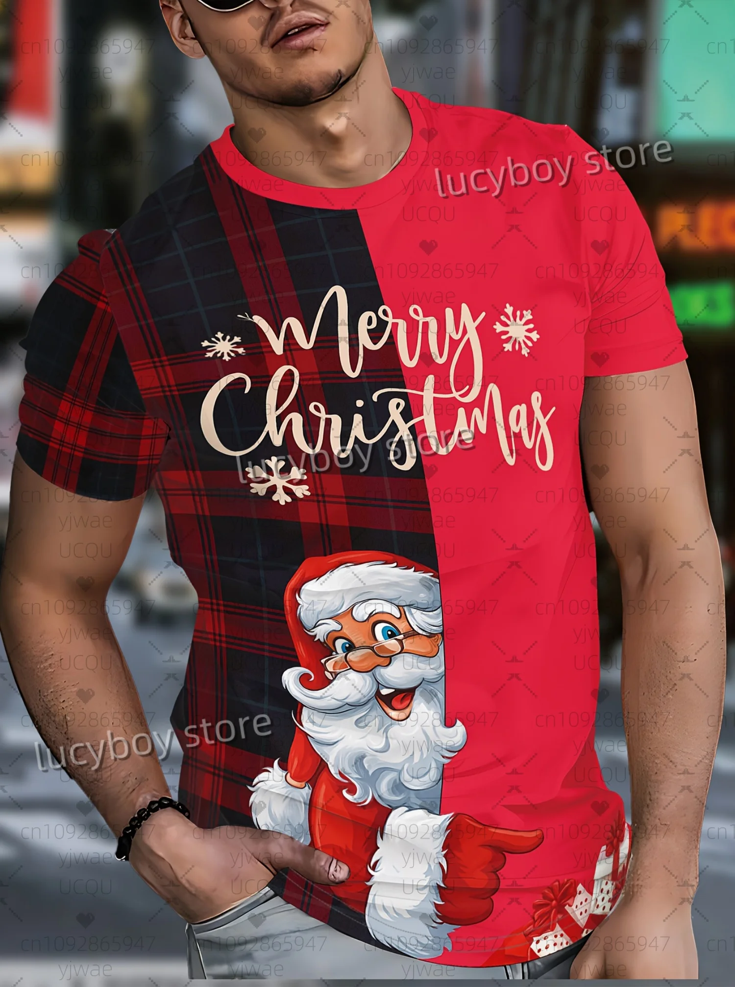

2025 Winter Men Merry Christmas 3d Santa Claus Print Roune Neck Short-Sleeved Top Daily Street Men T-Shirt Men Clothing