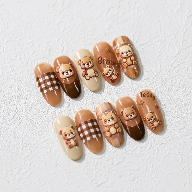 Brown Bear Checked Pattern Lovely Cartoon 5D Embossed Reliefs Self Adhesive Nail Art Stickers Cute 3D Manicure Decals Wholesale