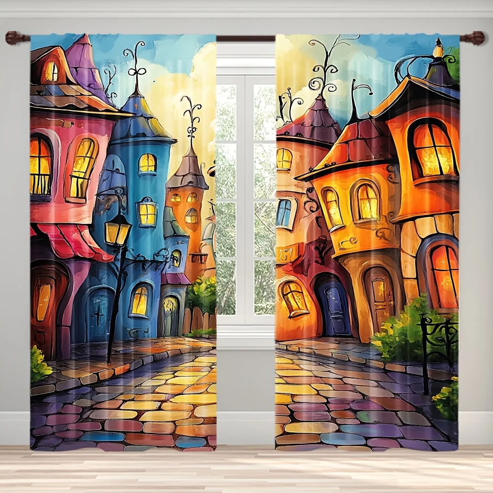 Oil Painting City Curtain, Colorful European Castle Street Print Drapes, Fantasy Village Window Curtains, Art Home Decor
