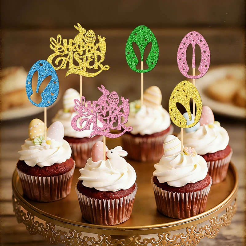YOMDID 24 Stück Oster-Kuchendekorationen, glitzernde Hasen- und Eier-Cupcake-Topper, Hasen-Ei-Kuchenstecker, Dekorationen, Partyzubehör