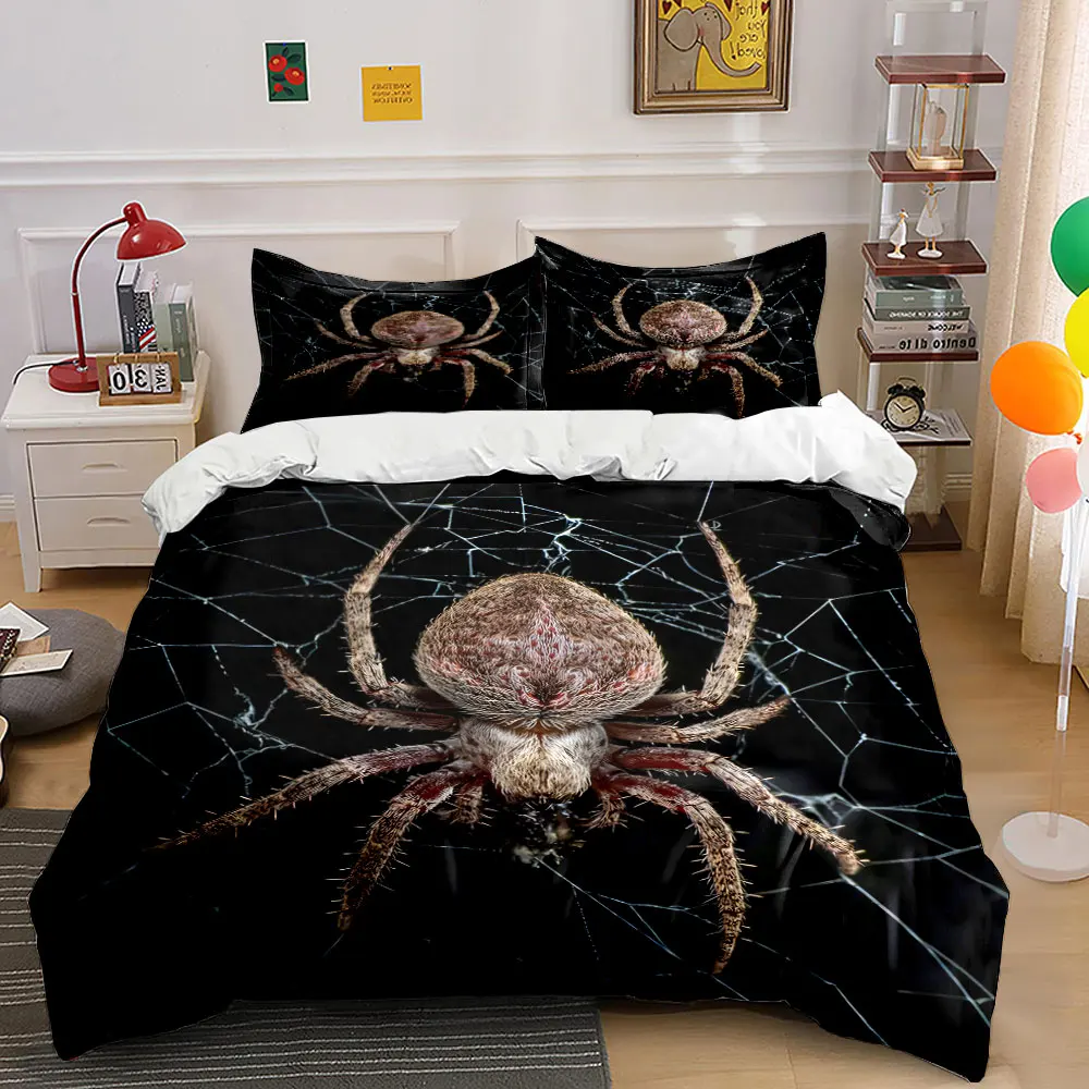 Hairy spider resting on web Pattern Duvet Cover Set Digital Print Colorful Polyester Bedding with Zipper Closur for kids gifts