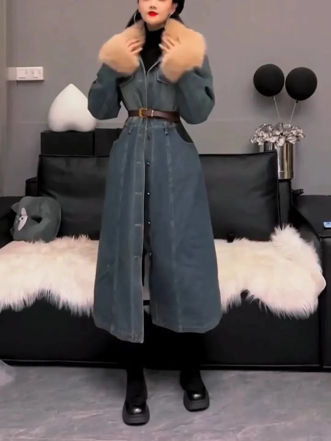 Women's Lamb's Wool Patchwork Cowboys Cotton Coat Jacket Winter New Long Overcoat Coat Comfort  Fashion Winter Coat Women