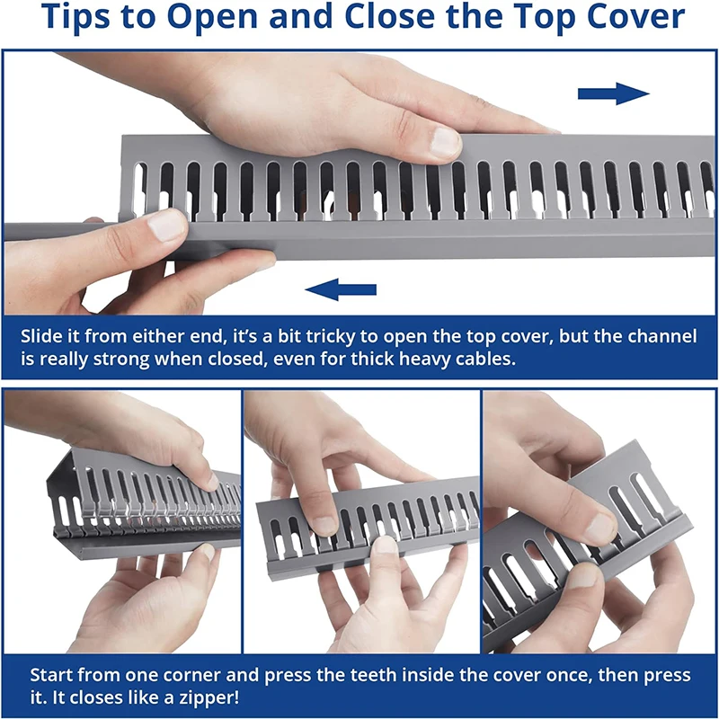 فتحة مفتوحة لقناة الأسلاك البلاستيكية الرمادية: إخفاء الأسلاك تحت إدارة كابلات المكتب