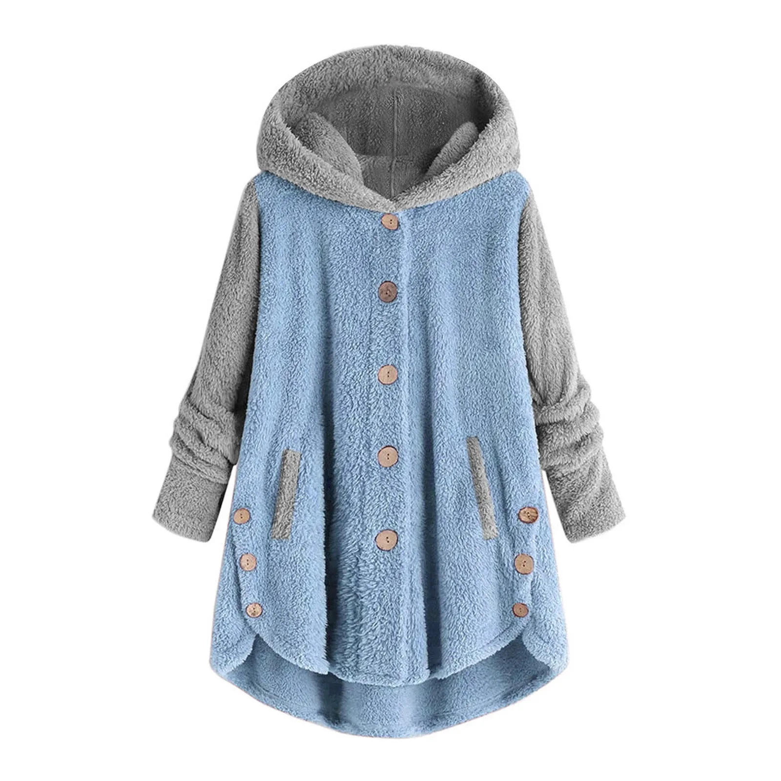 2023 women winter coats for fashion style button plush irregular color warm fleece coat with hooded Cold winter female