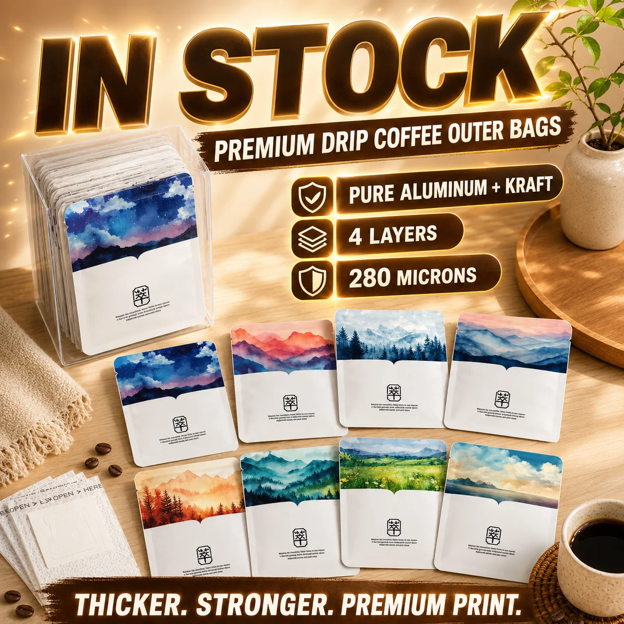 50pcs/Pack In Stock Drip Coffee Outer Bags + Hanging Filters, Aluminum Kraft Plastic 4-Layer Thick Coffee Packaging Bags