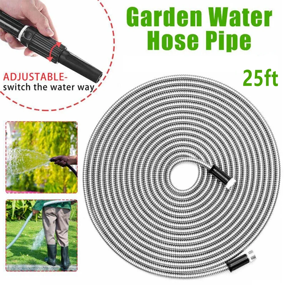 

25FT Stainless Steel Water Garden Hose Flexible Connector With Nozzle For Watering Garden Car Cleaning Gun Tool Accessories