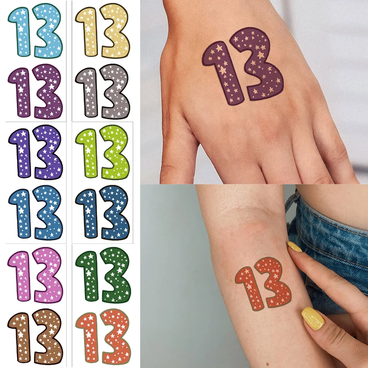 6pcs/set Number 13 Hand Fake Tattoos with Star Design Lucky Number Temporary Tattoo Stickers Concert Body Art Accessories Gifts