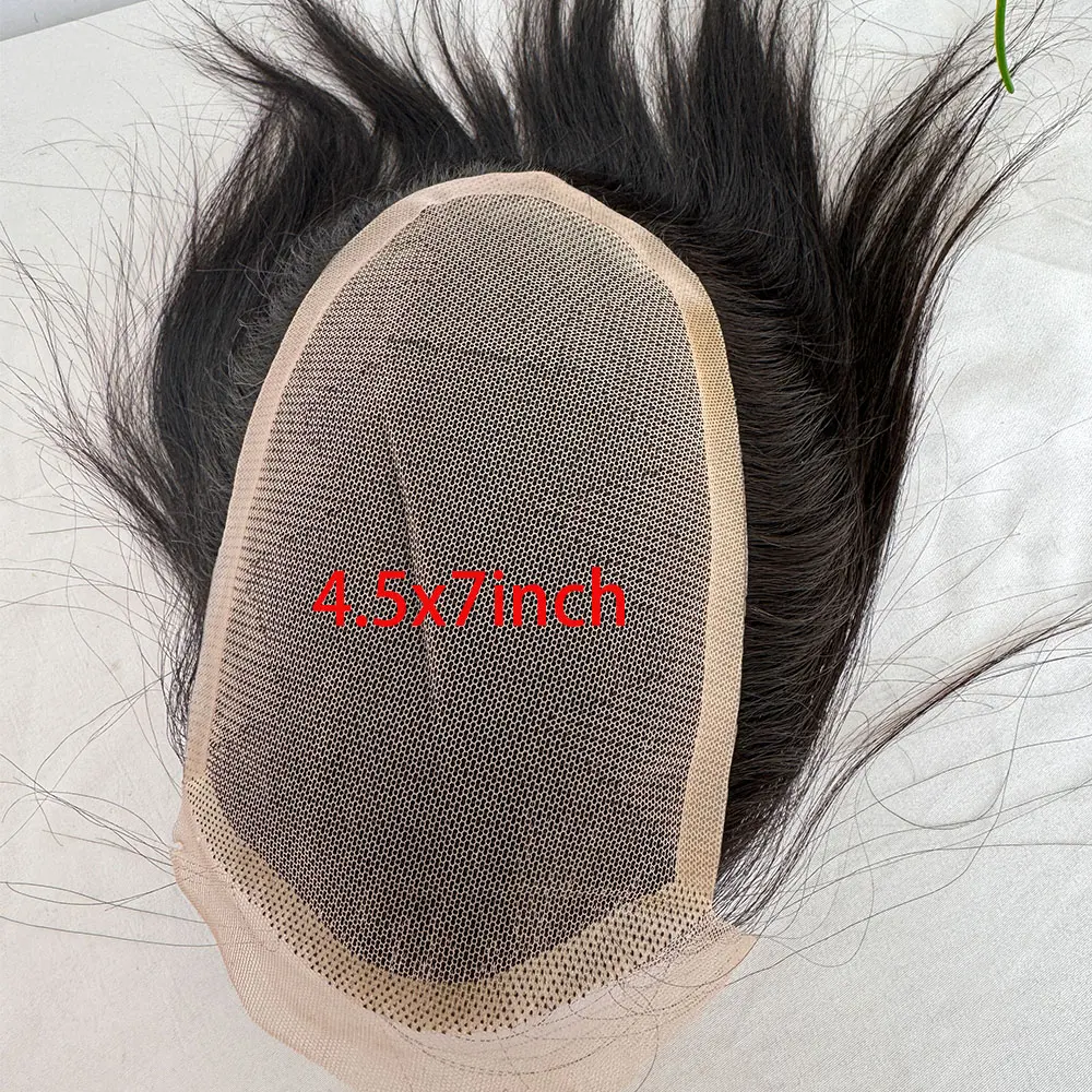 Rambut palsu renda Swiss pria, hiasan rambut manusia Remy untuk pria, sistem pengganti rambut renda depan pria garis rambut palsu 4.5x7