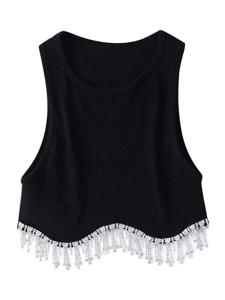 High Street Sexy Hem Tassel Diamond Beading Ogo T Shirt, Chic Short Camis, Precious Lady Slim Crop, Glay