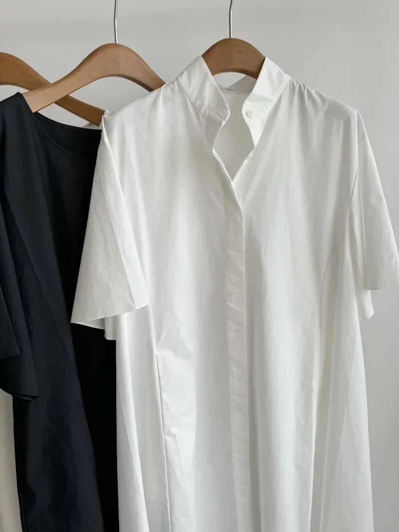 Vestido de popelina de algodón blanco importado, vestido camisero de manga media con cuello levantado para mujer