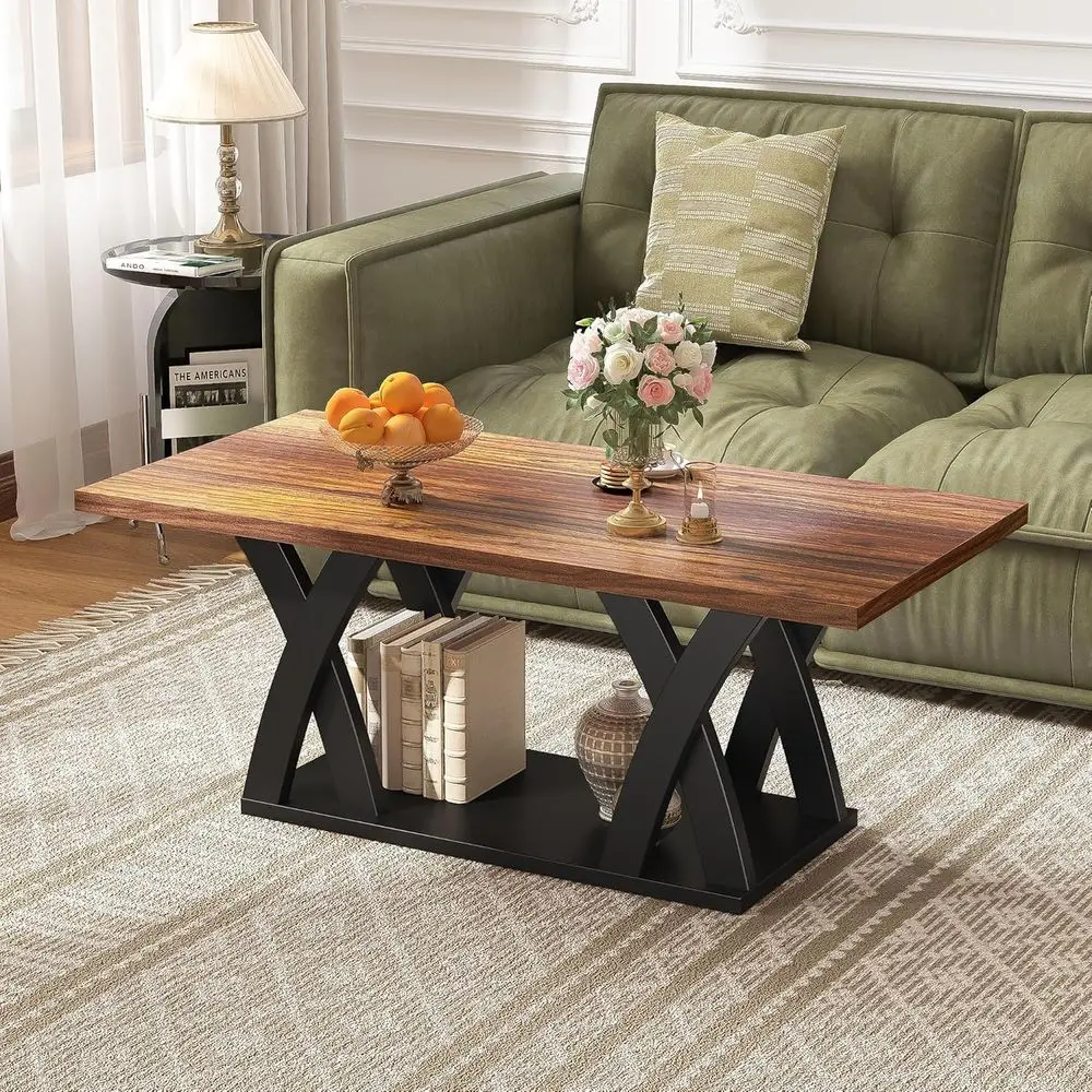 armhouse Coee Table with Shel, Wood Coee Table or Living Room, Open Display Area,47” Brown and Black