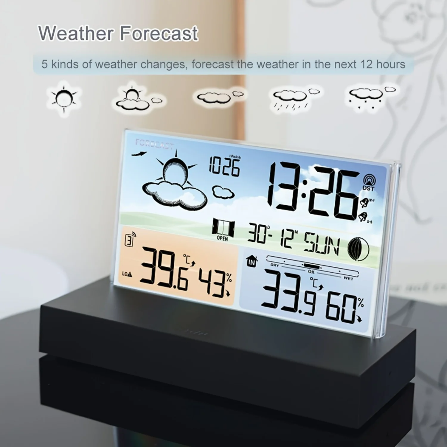 

1pc, Transparent Glass Weather Thermometer Clock Color Screen RF Wireless Multi- Weather Forecast Indoor Outdoor Thermometer Ele