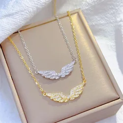 Exquisite Fashion Light Luxury Jewelry Angel Wings Necklace Classic Retro Design White Micro Mosaic Stainless Steel Pendant
