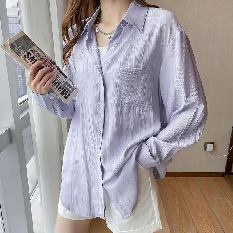 DAYIFUN Summer Sun Protection Shirt for Women Thin Purple Long-sleeved Soft Blusas Solid Color Chiffon Loose Ladies Top Blouse