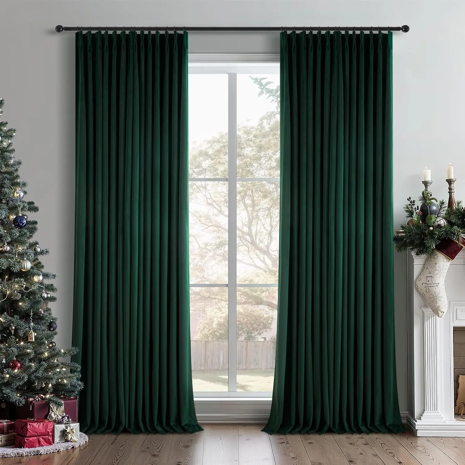 

Dark Green Velvet Curtains 84 Inches Long for Living Room Bedroom Christmas Green Decorative Pinch Pleated Blackout Drapes,Winte